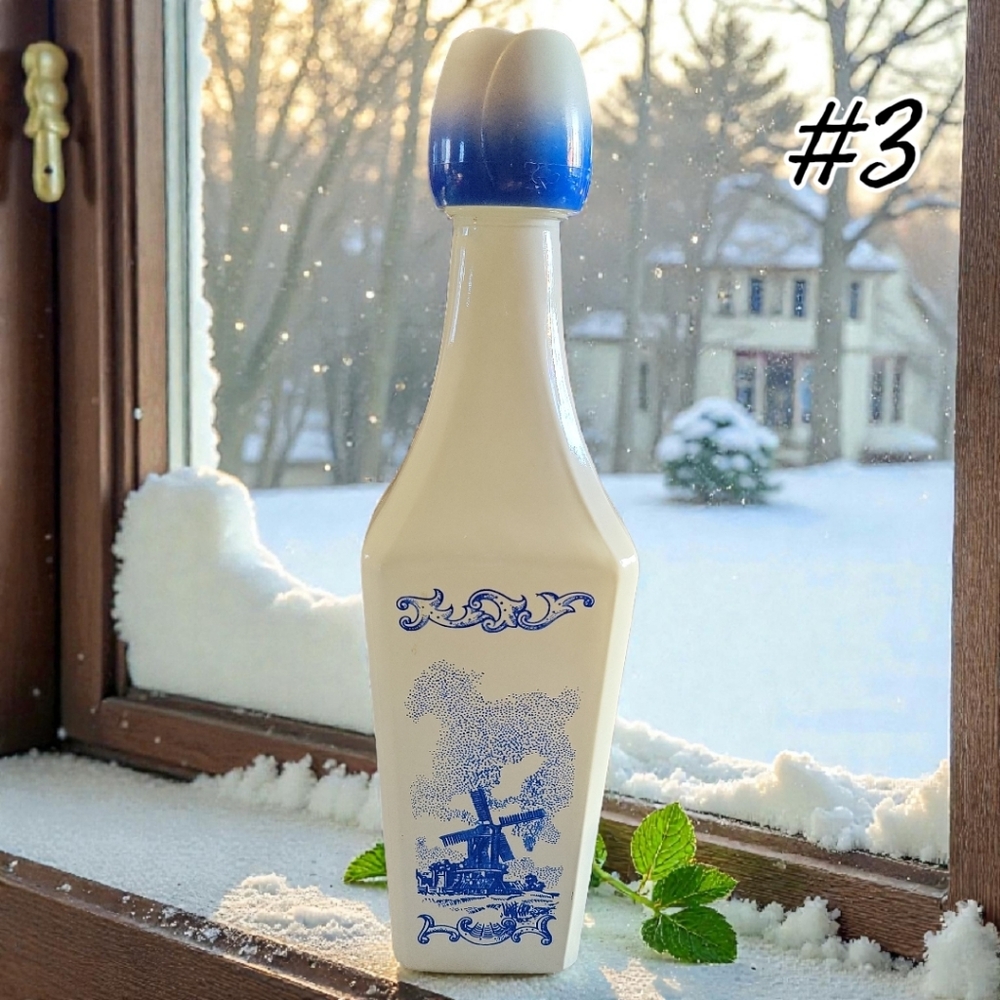 Vtg 60's Vandermint Milk Glass Liquor Bottle Delft Blue Windmills 9.5" Dutch
